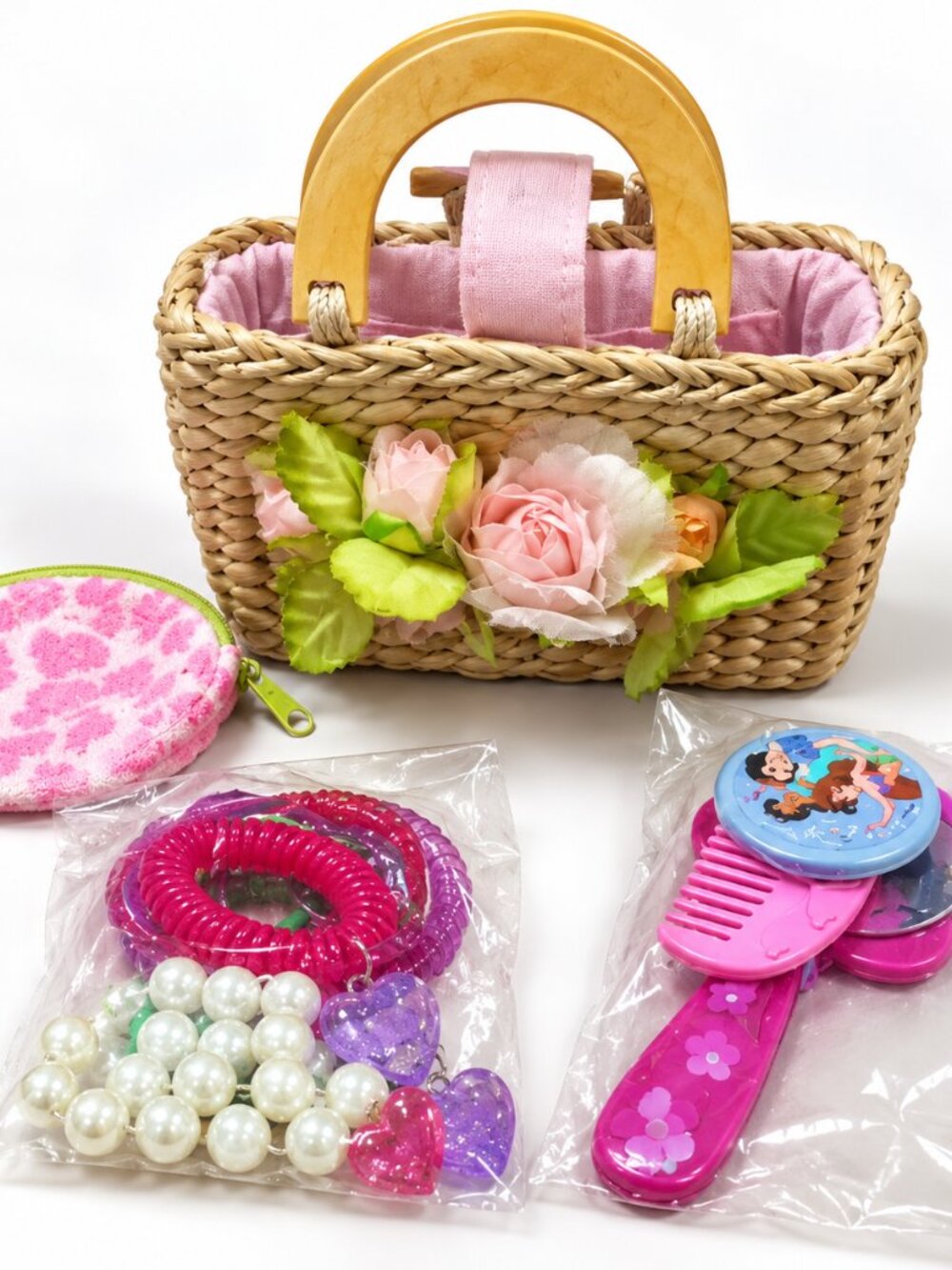 Girls Woven Straw Basket Purse Pink Floral Wood Handles w/ Jewelry Accessories